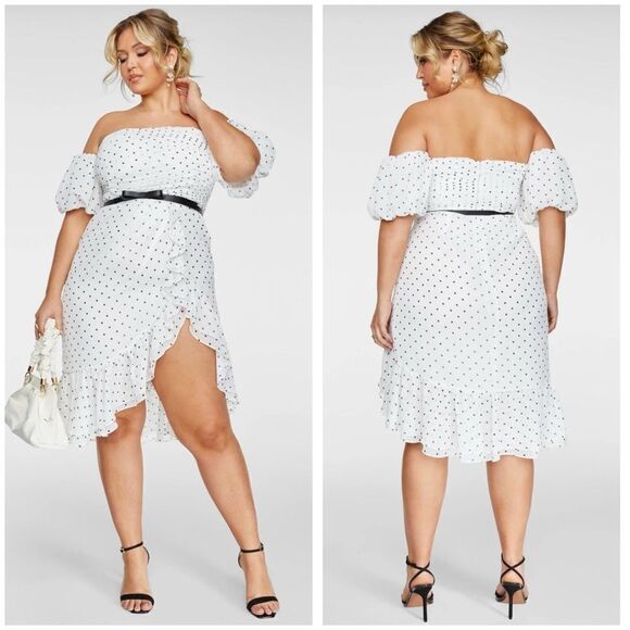 Fashion to Figure Dresses & Skirts - FTF Off-the-Shoulder Polka Dot Print Ruffle Dress